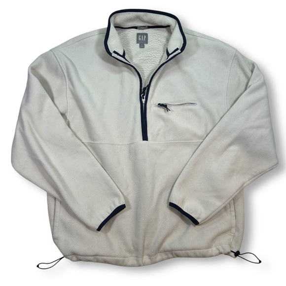 GAP Fleece Pullover Quarter‎ Zip Pouch Pocket Drawstring Hem Beige Mens Medium - Picture 1 of 7
